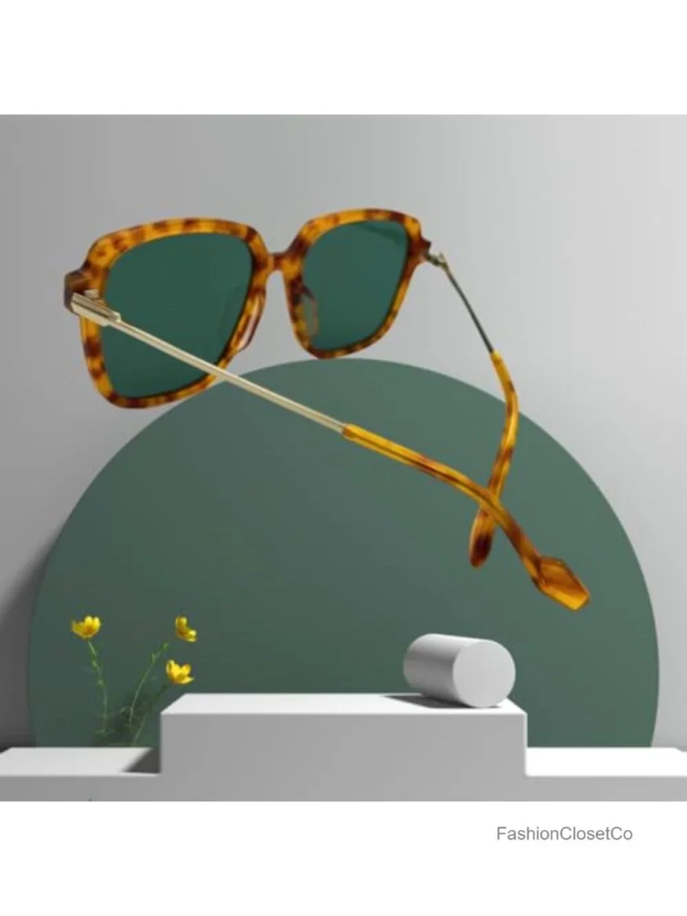 Oversized Square Sunglasses for Women Men Tortoise Green Acetate HD Nylon Lens